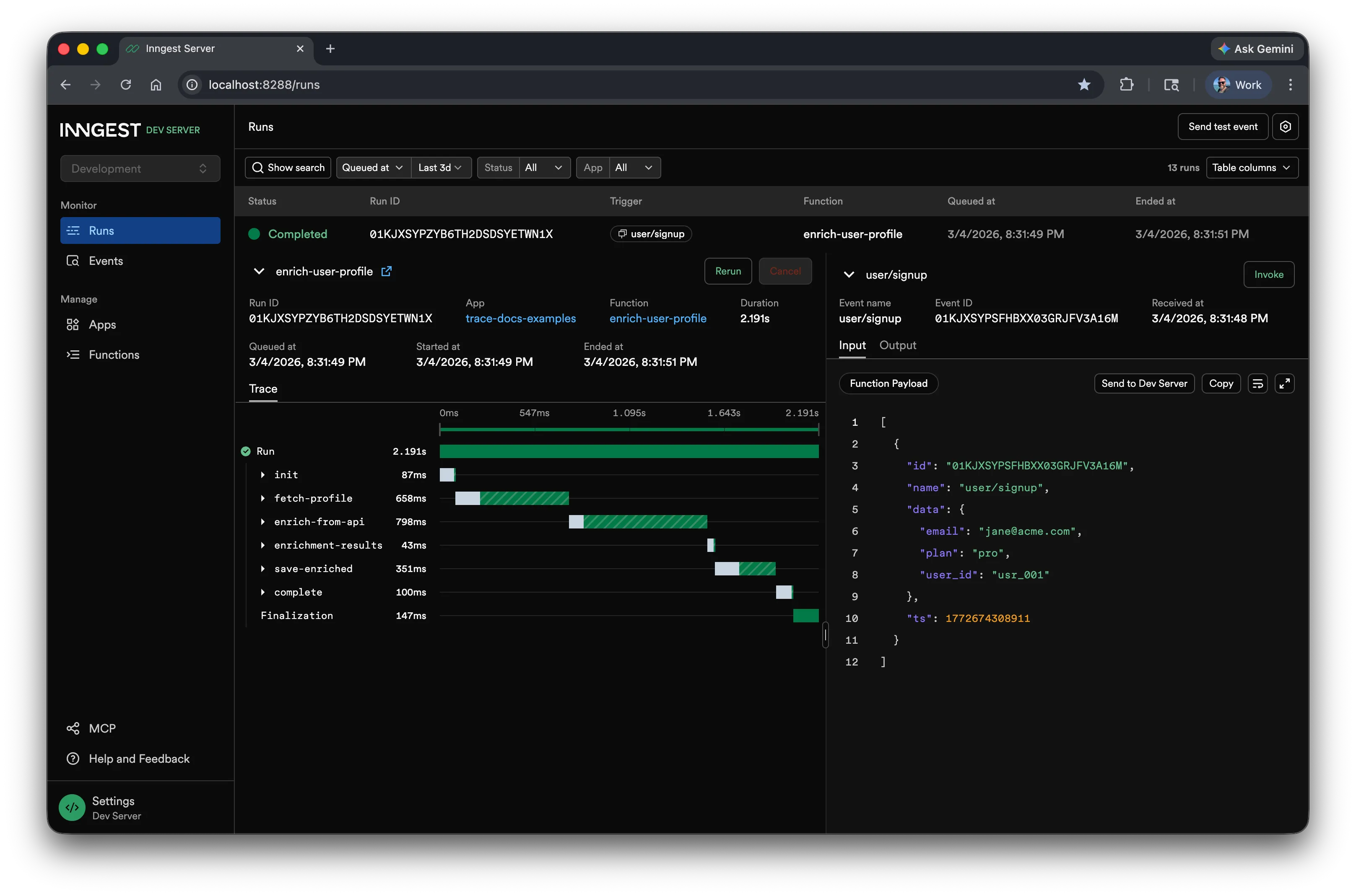 Run details panel showing trigger information and event payload